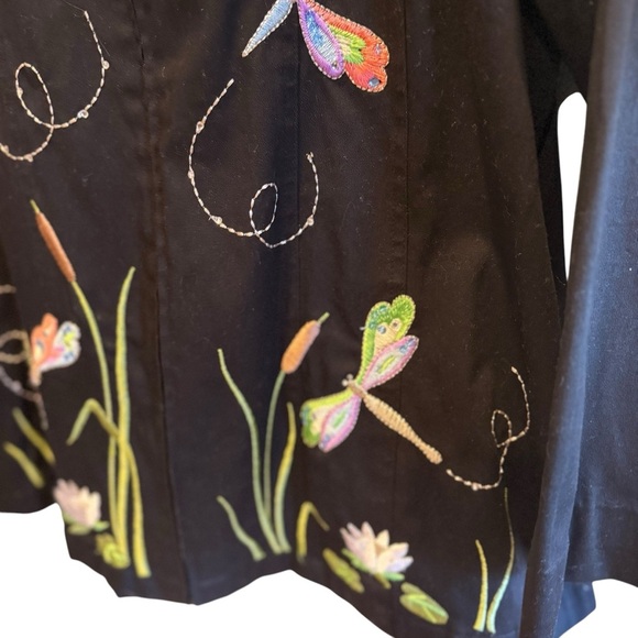 Quacker Factory XL Dragonfly Embroidered Jacket Black Zip Front Cotton Stretch - Picture 7 of 14